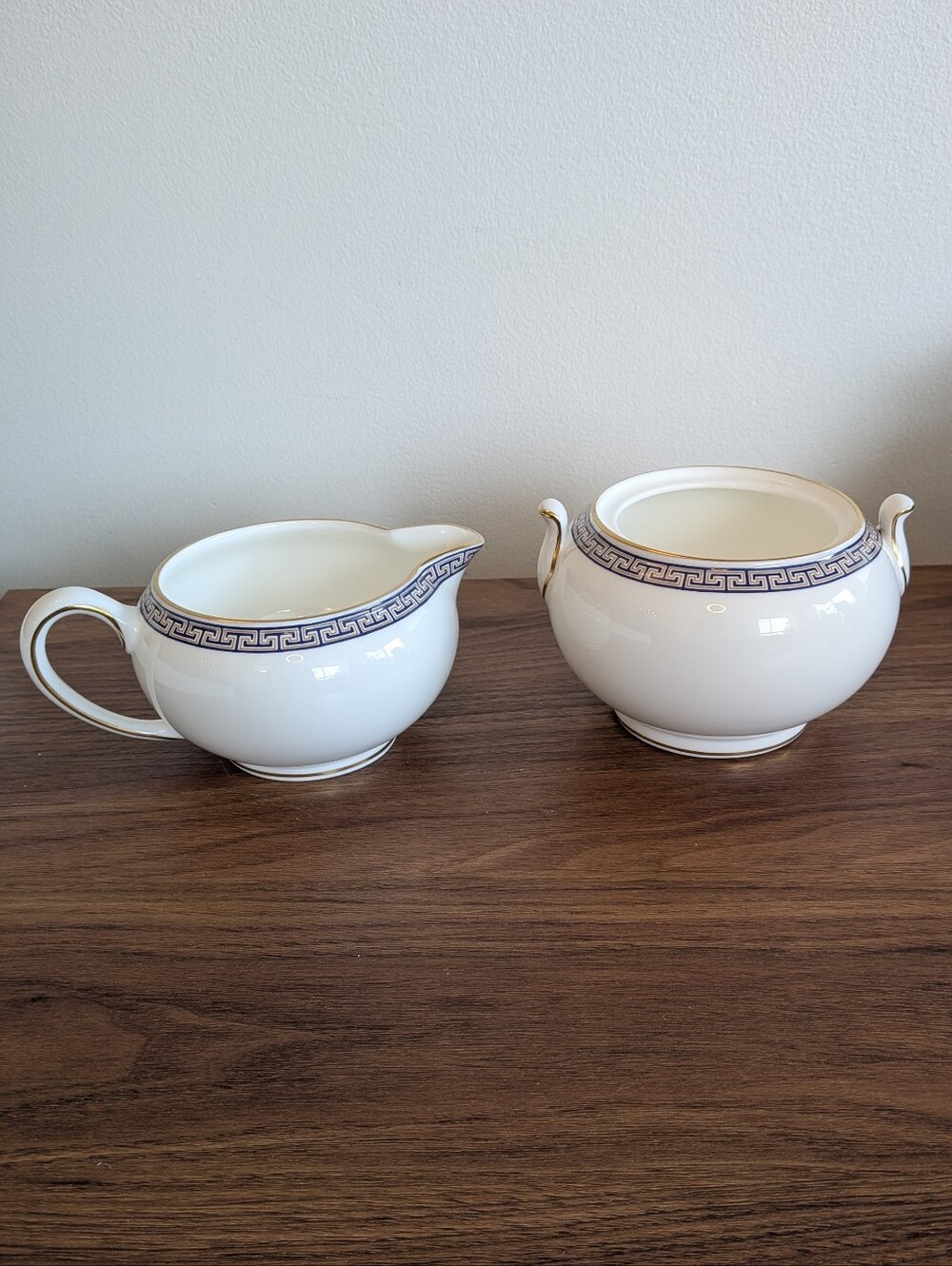 Wedgewood Palatia Creamer & Sugar Dish No lid Greek Key Navy gold Rim